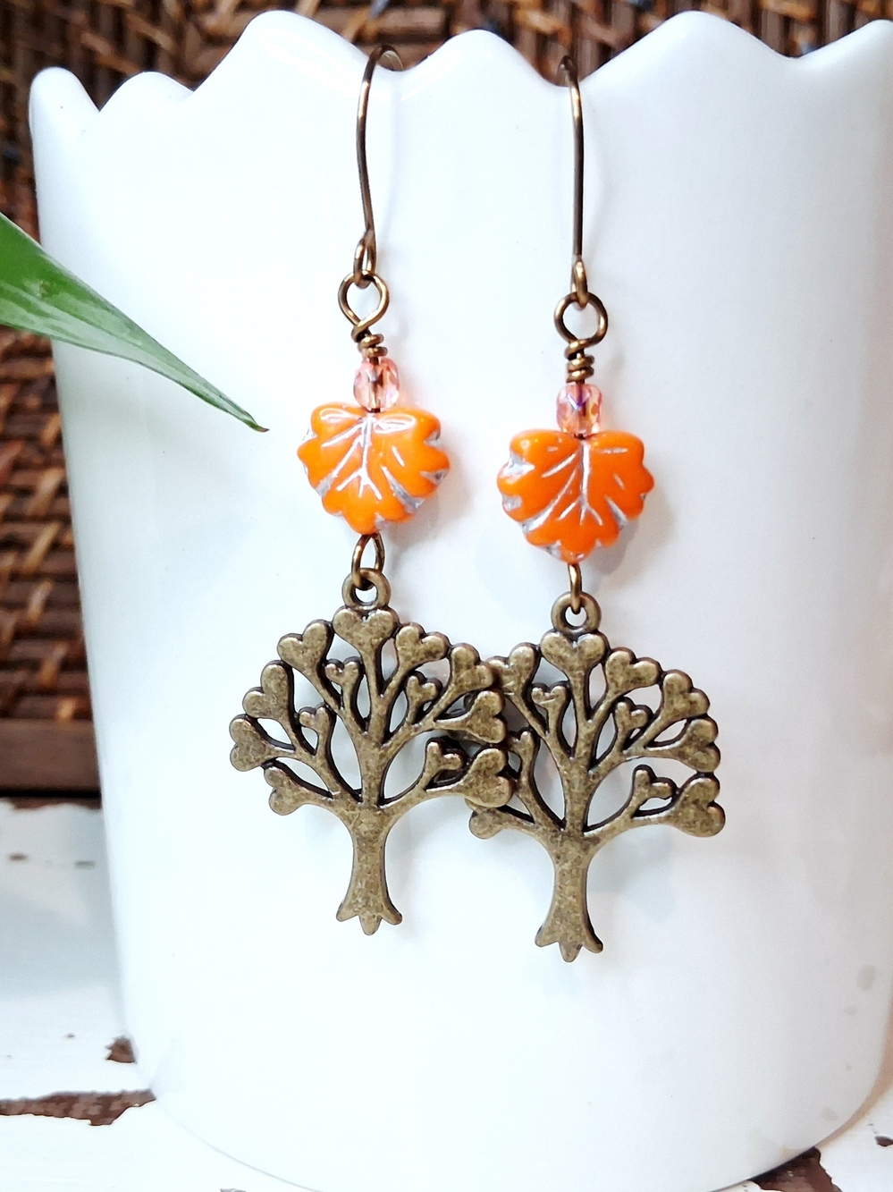 Bronze Tree Dangle Earrings with Orange Leaf Beads - Women Jewelry